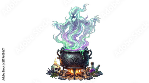 A spectral apparition rises from a bubbling cauldron amidst magical artifacts beautifully isolated on transparent background