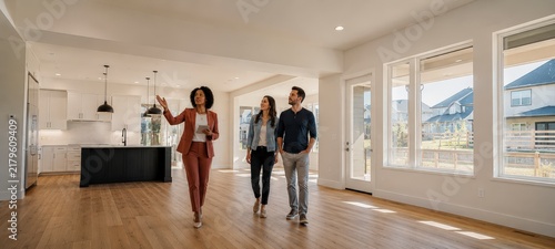 Real estate agent leads a couple through a bright modern home, highlighting spacious interiors, natural light, and potential home ownership.