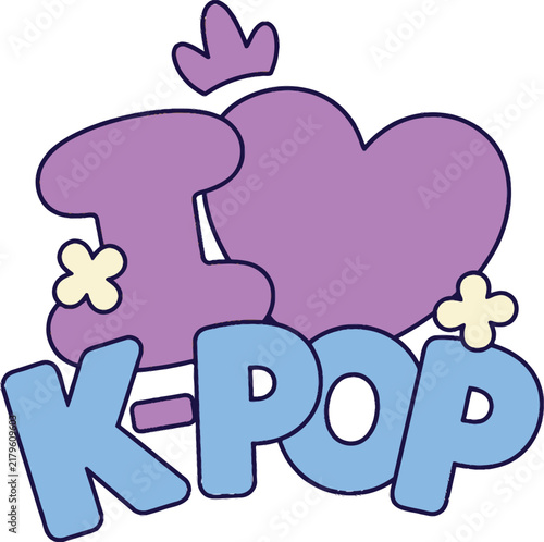 Colorful I love K-pop typography design with a pink heart and cute crown icon for fan art.