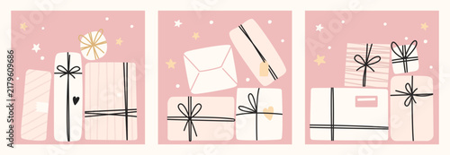Set of 3 Minimalist Pastel Pink Gift Boxes Vector Post Templates with Off-White Stacked Presents