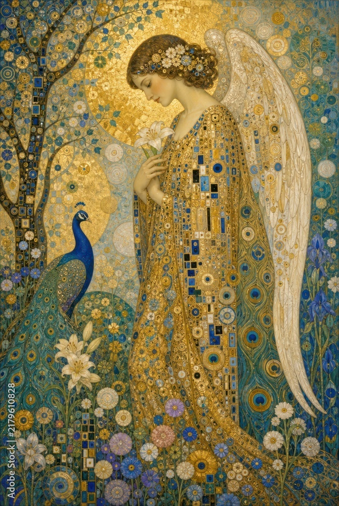 Fototapeta premium Golden mosaic angelic woman with peacock in lush floral garden scene