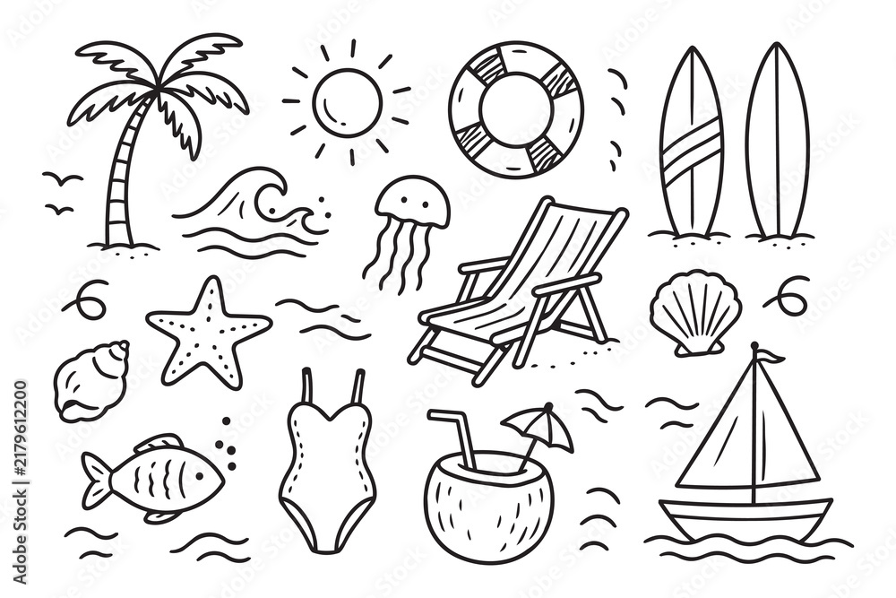 Obraz premium Hand drawn beach icons seamless pattern with palm tree, surfboard, starfish, seashell, sun, lifebuoy, chair and tropical summer objects in outline doodle style, with beach, summer, icon, doodle detail