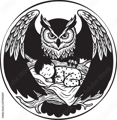 Owl protecting sleeping infant in circular frame monochrome graphic design element for nursery wall art or whimsical children book cover creative layout.