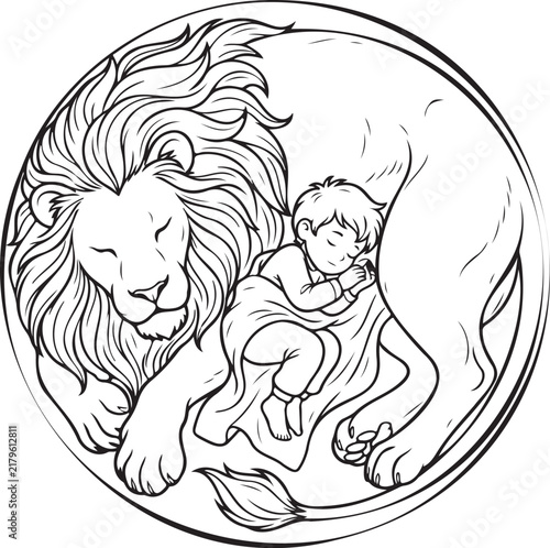 Child sleeping on lion's paw within protective circle, symbolizing peace between the gentle lion and innocent child in serene depiction.