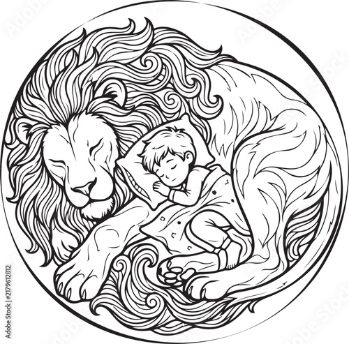 Child rests peacefully on lion's mane within circular embrace, representing harmony and safety between majestic lion and innocent child.