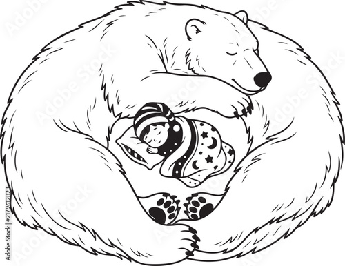 Polar bear hugging sleeping toddler in cozy embrace graphic element for arctic themed nursery wall art or sweet bedtime story children book illustration.
