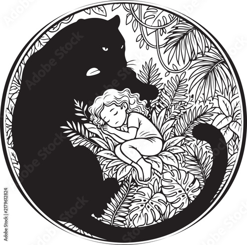 Black panther protecting small girl sleeping in jungle leaves circular graphic for wildlife art decor or adventurous fairy tale nursery wall illustration.