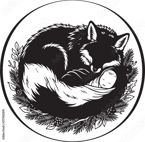Sleeping fox curled around infant in pine forest nest featuring black and white line art style for nursery wall decor or children book illustration.