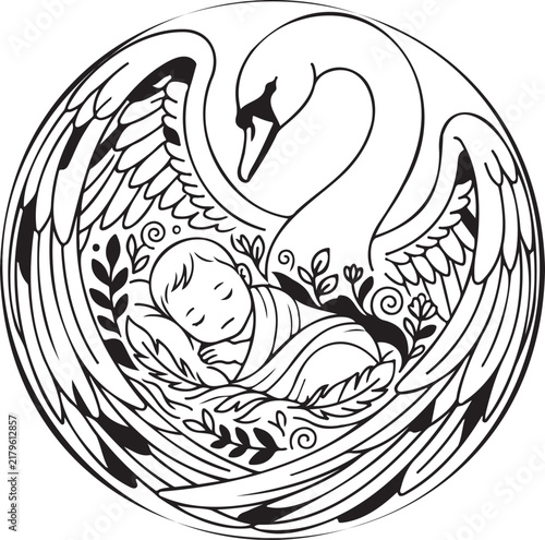 Artistic swan with spread wings guarding sleeping infant in decorative floral nest for nursery wall art and baby announcement cards with black outlines.