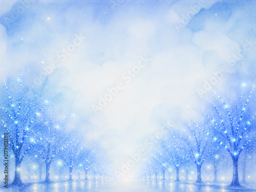 青く輝くけやき並木のイルミネーションをイメージした抽象水彩背景　幻想的な冬の夜