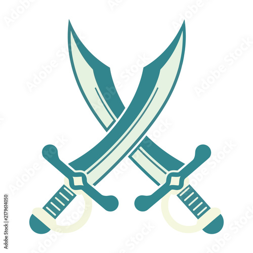 Bild auf Leinwand Two crossed swords with green handles and blades