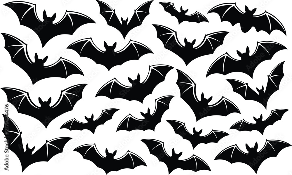 Fototapeta premium Many different flying bat silhouettes in various poses and wing spans for creating a dark night scene