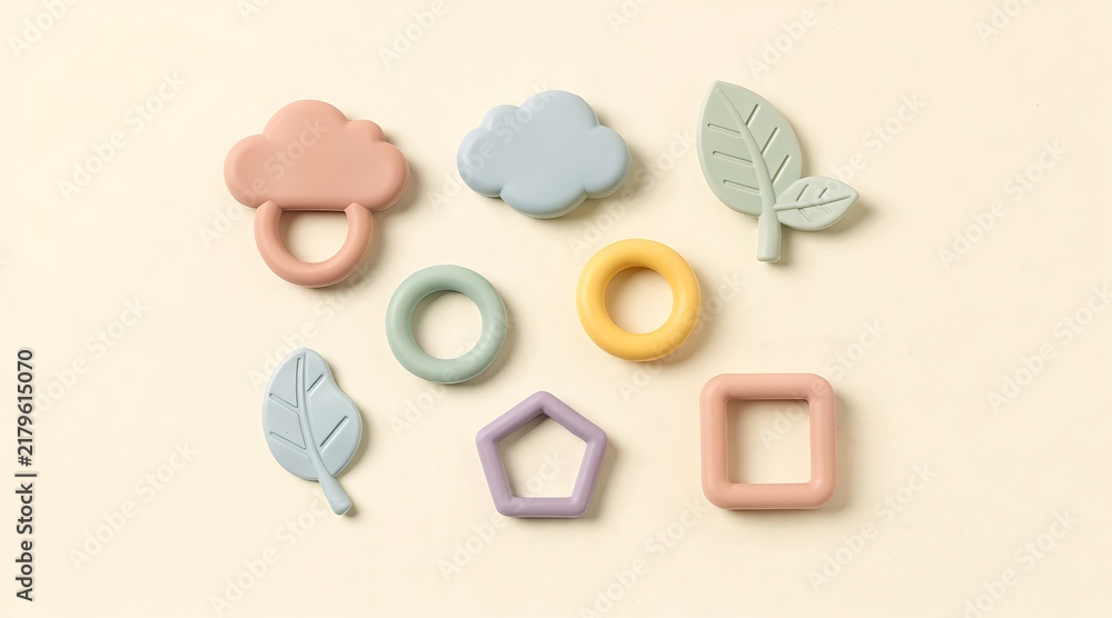 Obraz premium Pastel colored baby teething toys arrangement.