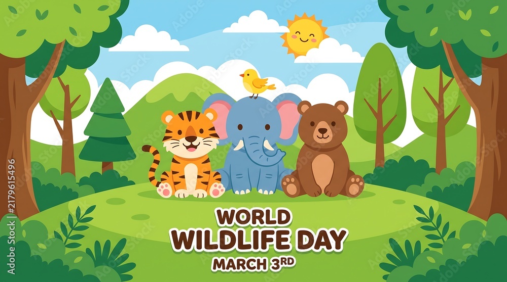 Naklejka premium World Wildlife Day March 3rd banner, cute cartoon animals in forest landscape, tiger elephant and bear illustration