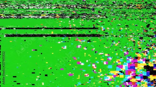 Abstract digital glitch overlay with flickering static and distorted pixel artifacts moving across a bright green screen background