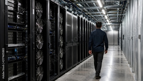 IT engineer walking server rack aisle for technology background