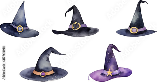 Whimsical magic witch hats watercolor set isolated on white background clipart bundle