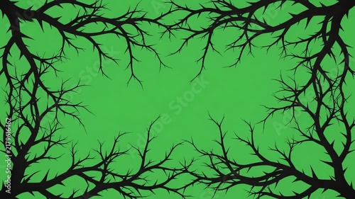 Black thorny branch silhouette slowly creeping and wrapping around the screen edges on a bright green background for compositing and transition effects
