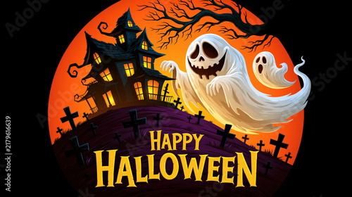 Happy Halloween Ghosts and Haunted House Illustration Created with Generative AI Technology AI Generative