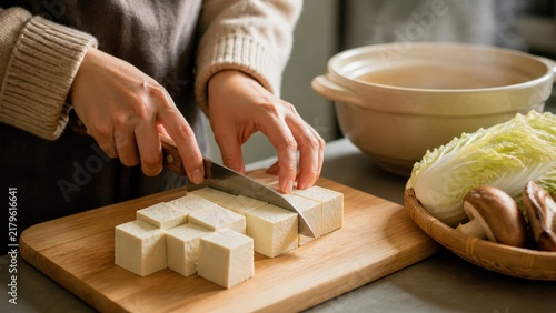 Hands slicing tofu on cutting board for Japanese nabe hot pot