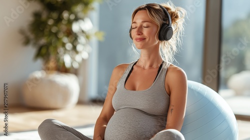 Pregnant Woman Sitting on Fitness Ball with Headphones Meditating and Relaxing to Music for Prenatal Wellness, Mindfulness, and Healthy Pregnancy