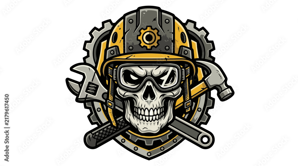 Fototapeta premium Vector illustration of a construction worker skull wearing a safety helmet