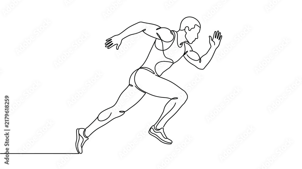 Fototapeta premium Male athlete sprints forward in a continuous single line drawing illustration on white background.