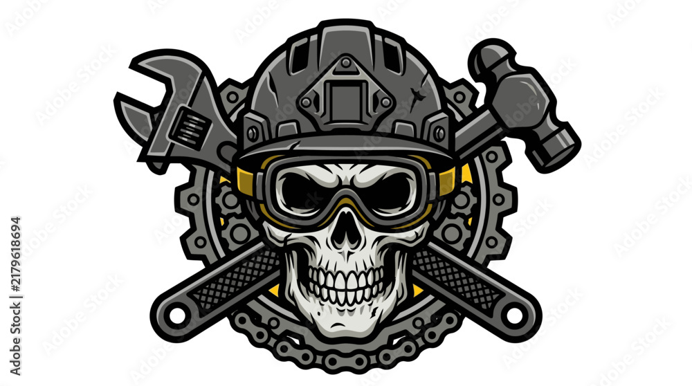 Fototapeta premium Vector Graphic Illustration of a Mechanic Skull with Tools and Gear Emblem Design