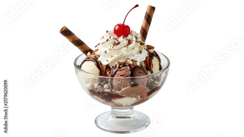 Chocolate and vanilla ice cream sundae with whipped cream cherry and wafer sticks