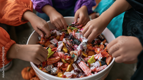 Children reaching into a large bowl filled with colorful halloween candy while wearing festive costumes during a trick or treat celebration