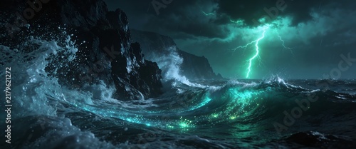 Dramatic green lightning striking stormy ocean with glowing bioluminescent waves against dark cliffs