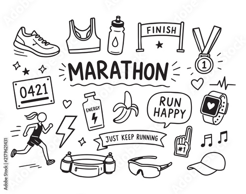 Hand drawn marathon running doodles set with runner gear icons, finish banner, medal, race bib, and motivational symbols for fitness posters, flyers, and events