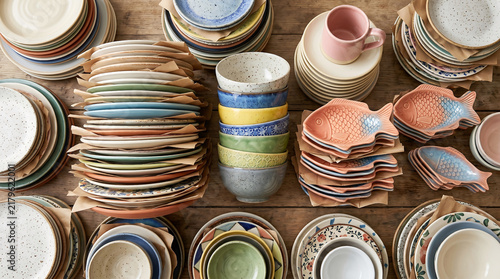 Stacks of colorful ceramic plates and bowls on wooden table
