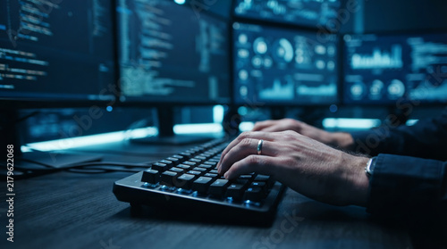 Hands Typing on Computer Keyboard in Office, Close-Up of Fingers Working on Laptop for Business, Internet Communication, Technology and Data Entry
