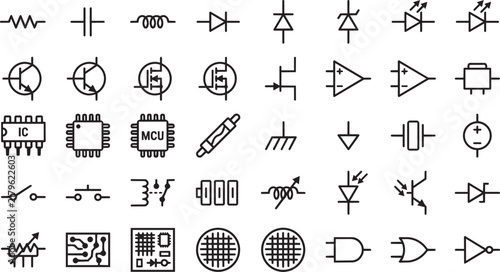 Electronic Component Circuit Symbols Line Icon Set Vector.