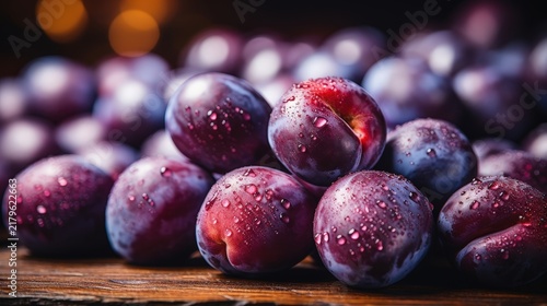 A closeup of fresh, plump plums with glistening water droplets, showcasing their vibrant purple hues and smooth, velvety skin.