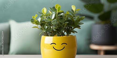 A cheerful houseplant with green leaves growing in a yellow pot with a smiling face design.