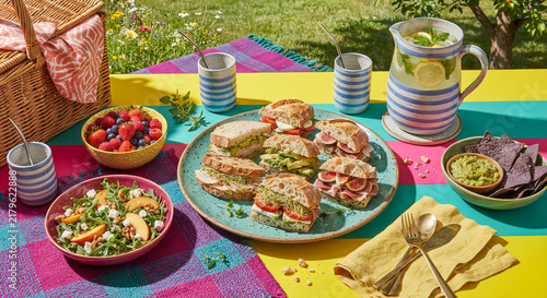 Easter Table Setting with Colorful Eggs and Festive Meal, Elegant Holiday Dining Table with Plates, Salad, Appetizers, Fresh Food and Seasonal Celebration Decorations