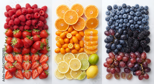 Fresh Fruits and Berries Collection with Apple, Orange, Grapes, Banana, Kiwi, Strawberry and Lemon for Healthy Food and Vitamin Rich Diet Concept