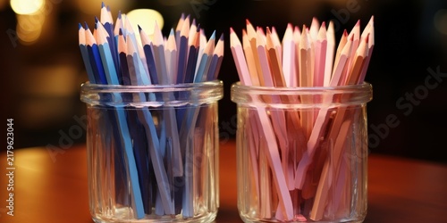 A contrasting pair of colored pencils in glass jars on a wooden table