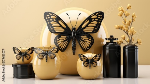 A trio of golden spheres, each adorned with a delicate black butterfly, sits before a larger golden orb, surrounded by sleek black cylinders and a graceful branch of golden blooms.