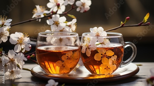 Aromatic tea with delicate blossoms floating on the surface, a harmonious blend of nature's beauty and invigorating beverage