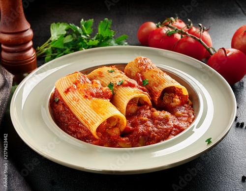 hearty pasta tubes filled with seasoned meat baked with rich tomato sauce cheese