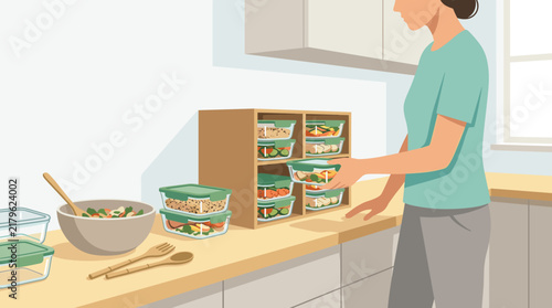 Flat vector illustration of a woman organizing healthy meal prep glass containers on a modern kitchen counter