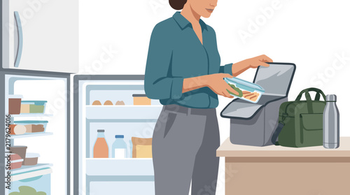 Modern woman packing a nutritious meal prep container into an insulated lunch bag in a clean kitchen setting