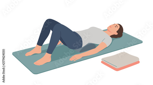 Woman practicing back pain relief exercises on a yoga mat with lumbar support cushion for physical therapy illustration