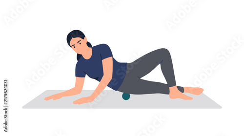 Vector illustration of a woman performing myofascial release using a massage ball on a mat for muscle recovery