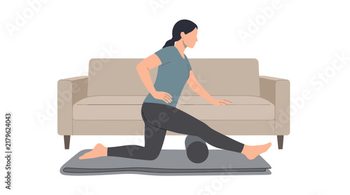 Active woman using foam roller for muscle recovery on yoga mat at home living room minimalist vector illustration