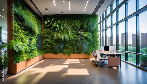 a lush vertical plant wall decorates a modern office interior with soft natural lighting this eco friendly biophilic design promotes workplace wellness and productivity
