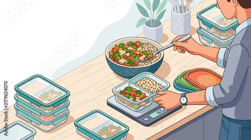 Man preparing healthy weekly meal prep containers with nutritious vegetables and grains in a modern kitchen illustration